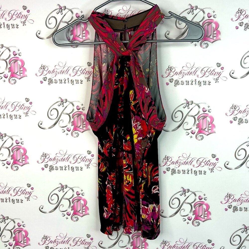 T Tahari halter tank top stretchy flowers floral Vibrant Abstract
